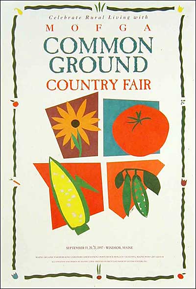 MOFGA's 1997 Common Ground Country Fair Poster depicting a yellow flower, a beefsteak tomato, an ear of corn and a pea pod, illustrated in a blocky, minimalist style with bright colors on a white background. Above and below the images is text with information about the country fair including fair dates and time.