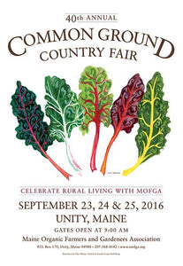 A white rectangular poster with artwork in the center depicting a colorful splay of five green, yellow, red, and purple chard. Brown text at the top reads “Common Ground Country Fair”. In the bottom of the art more text in red reads “Celebrate Rural Living with MOFGA” and underneath in brown text are fair dates and the MOFGA contact info.