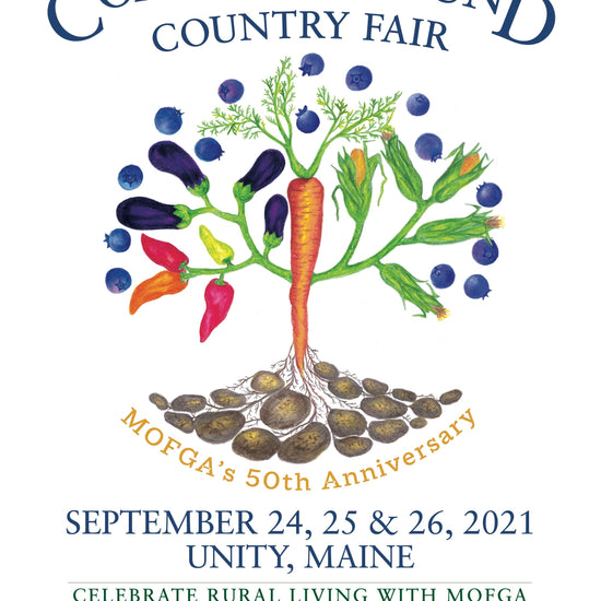 2021 Common Ground Country Fair MOFGA's 50th anniversary poster with tree design made of Maine produce 