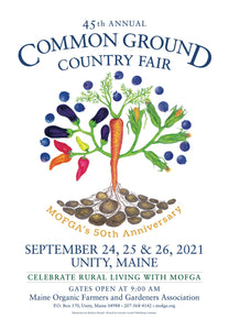 2021 Common Ground Country Fair MOFGA's 50th anniversary poster with tree design made of Maine produce 