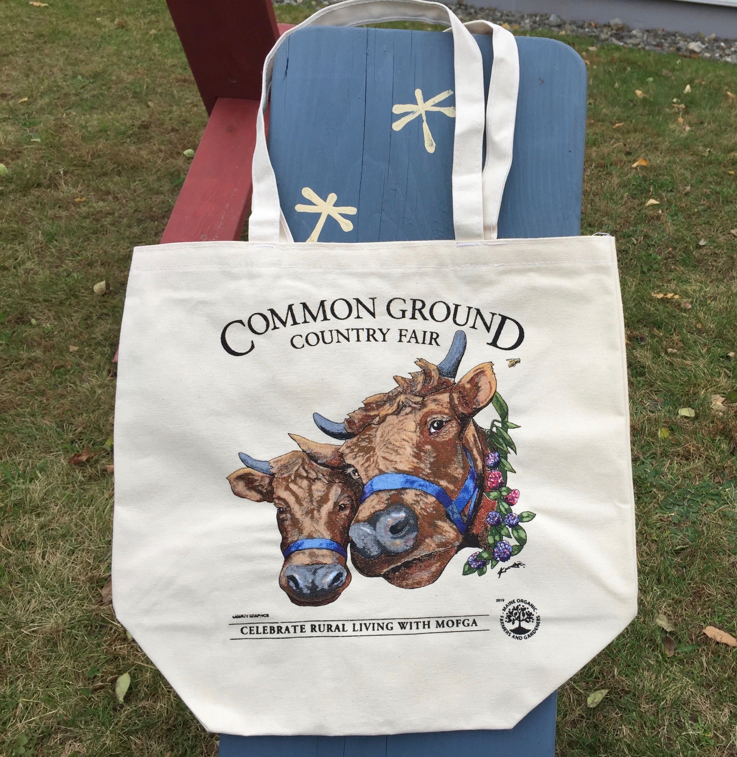 2019 Common Ground Country Fair Large grocery tote bag. Dexter Heifers design. Color white