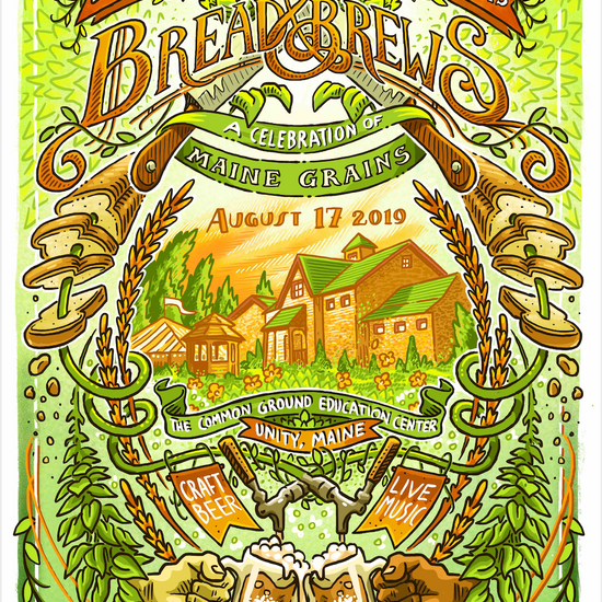 MOFGA's 2019 Bread & Brews Celebration of Maine Grains poster
