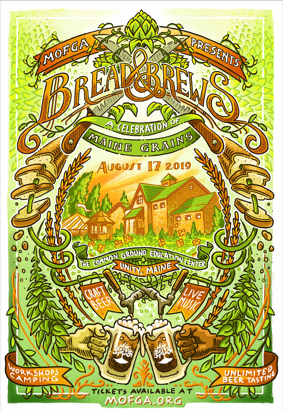 MOFGA's 2019 Bread & Brews Celebration of Maine Grains poster