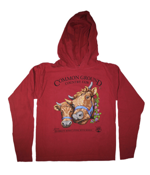 2019 Common Ground Country Fair Adult Hooded T-shirt. Dexter Heifers design. Color red cedar or dark red