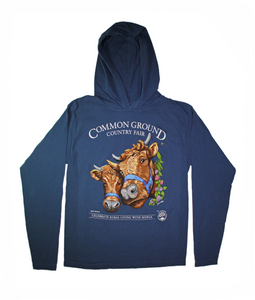 2019 Common Ground Country Fair Adult Hooded T-shirt. Dexter Heifers design. Color bluestone or dark blue