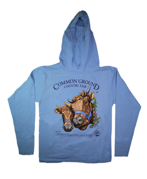 2019 Common Ground Country Fair Adult Hooded T-shirt. Dexter Heifers design. Color sky blue