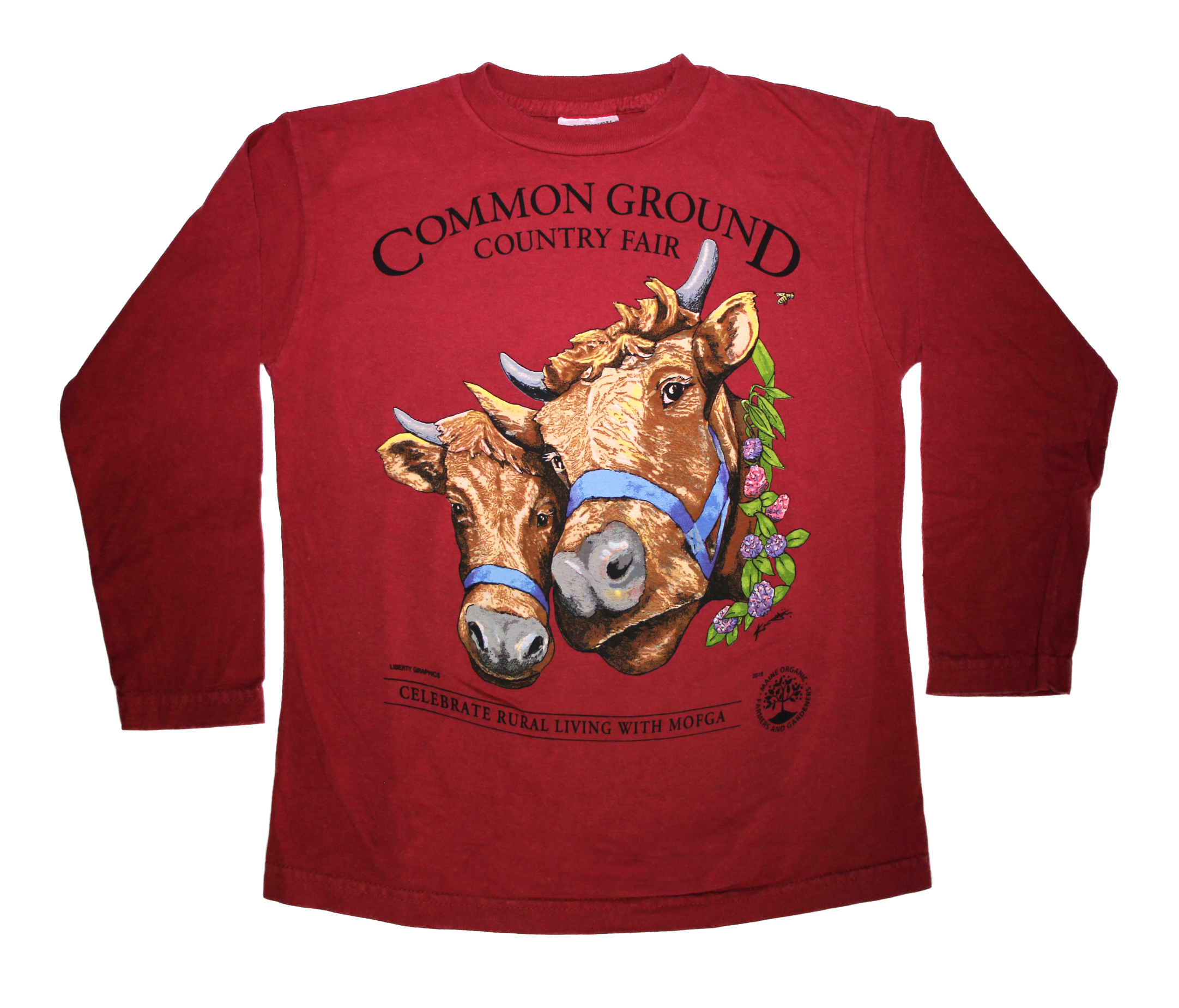 2019 Common Ground Country Fair Youth Long-sleeve T-shirt. Dexter Heifers design. Color red cedar a.k.a. dark red