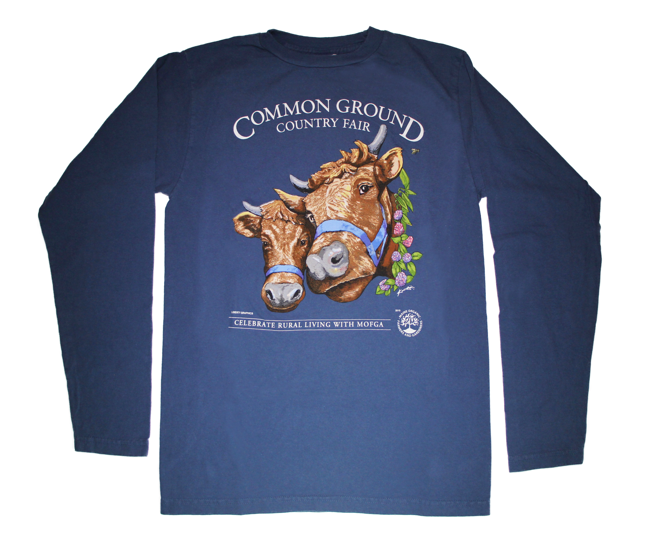 2019 Common Ground Country Fair Adult Long-sleeve T-shirt. Dexter Heifers design. Color bluestone or dark blue