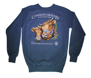 2019 Common Ground Country Fair Adult Crewneck Sweatshirt. Dexter Heifers design. Color Bluestone/dark blue