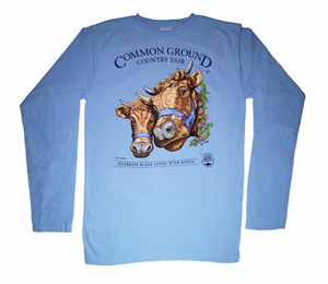 2019 Common Ground Country Fair Adult Long-sleeve T-shirt. Dexter Heifers design. Color sky blue