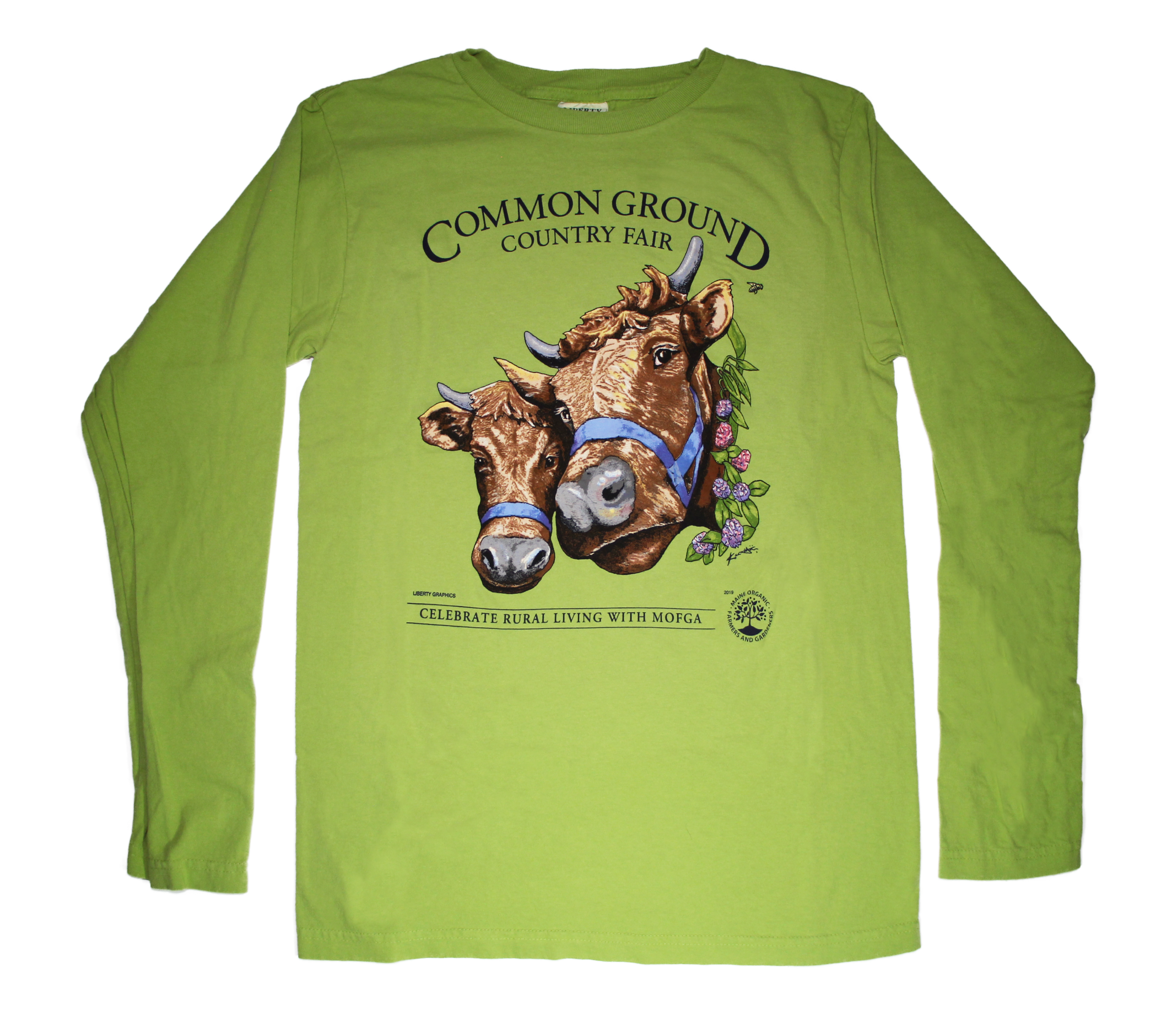 2019 Common Ground Country Fair Adult Long-sleeve T-shirt. Dexter Heifers design. Color kiwi green