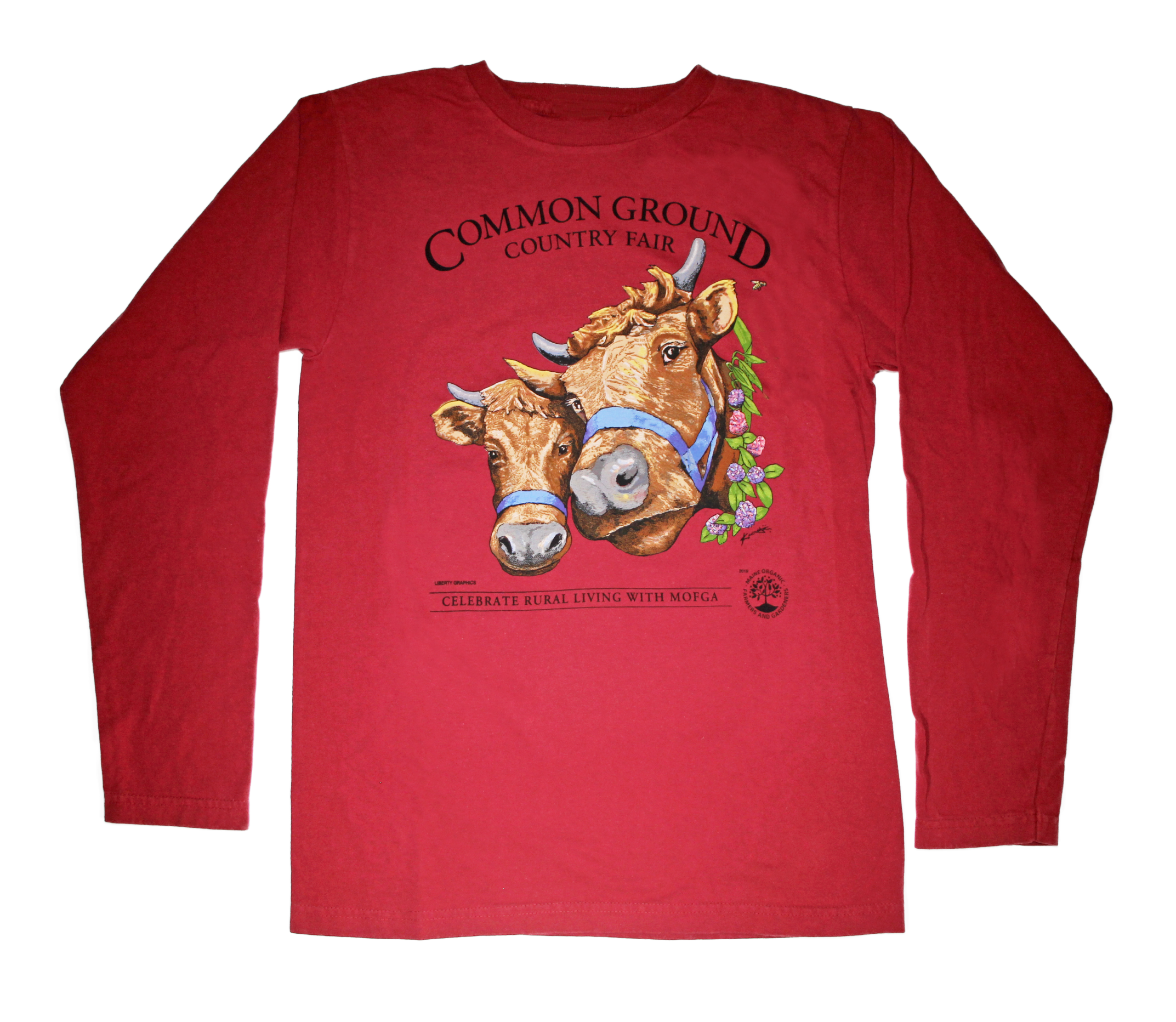 2019 Common Ground Country Fair Adult Long-sleeve T-shirt. Dexter Heifers design. Color red cedar or dark red